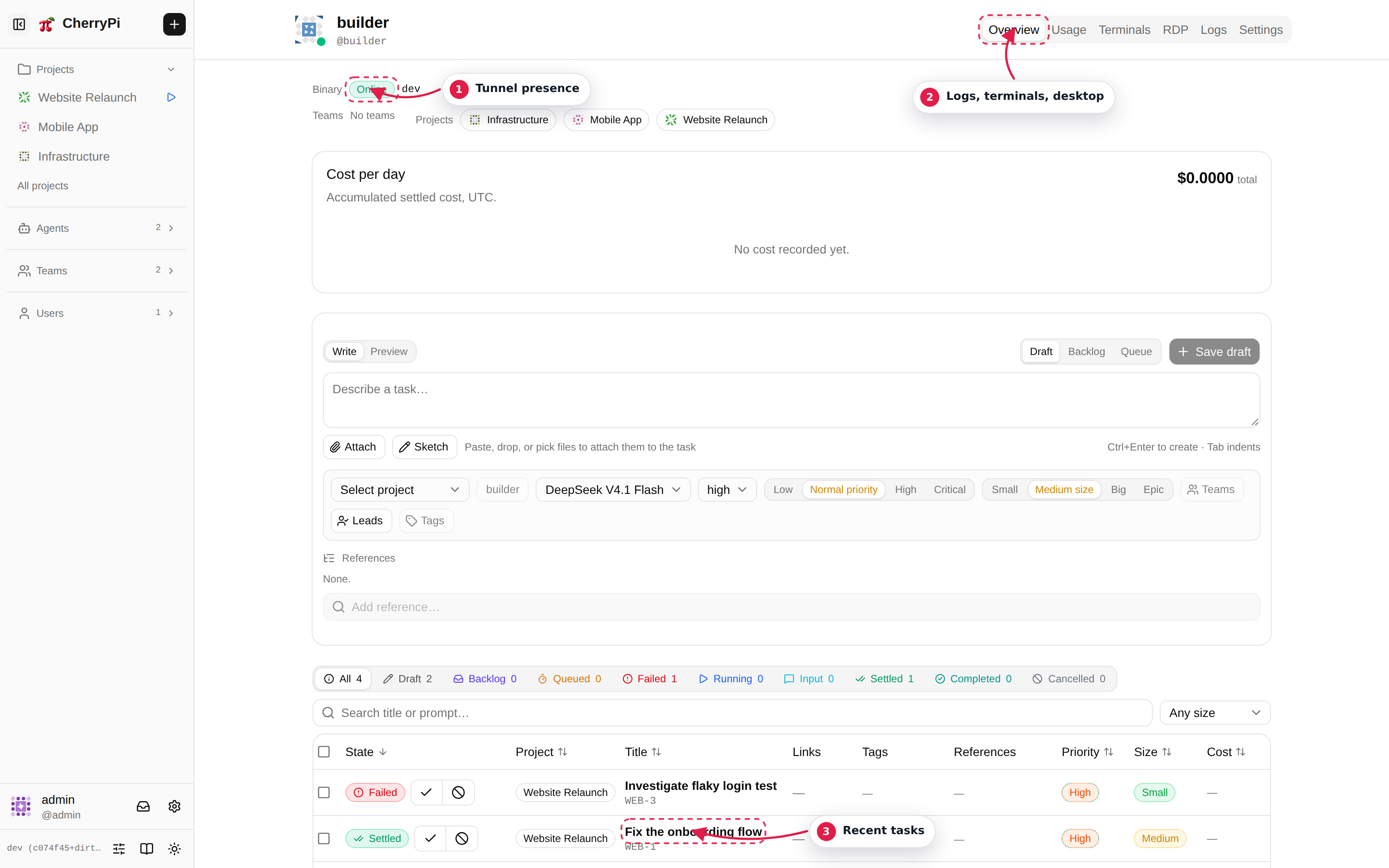 Agent detail with tabs, online status and task list annotated