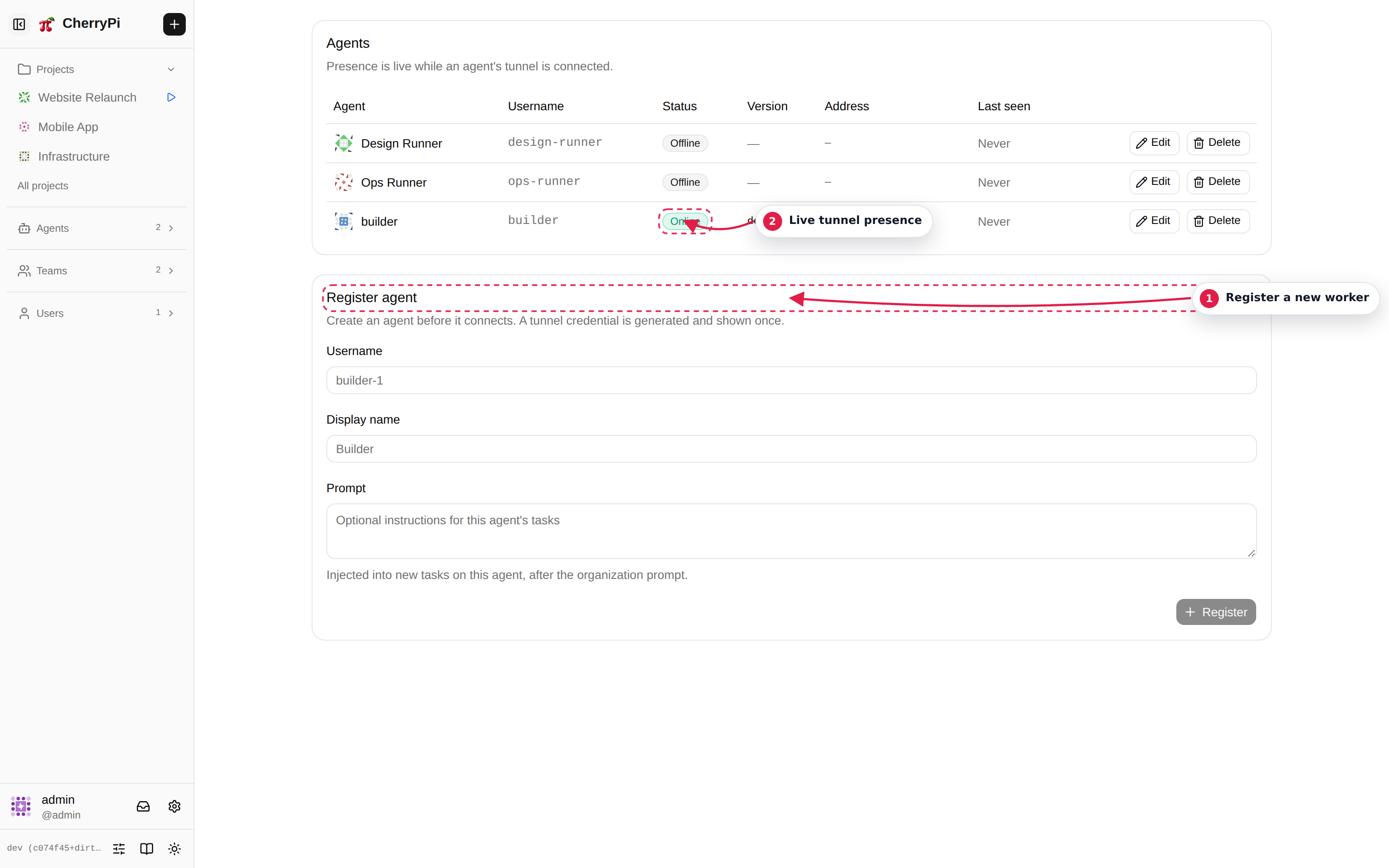 Agents list with presence, version and registration form annotated