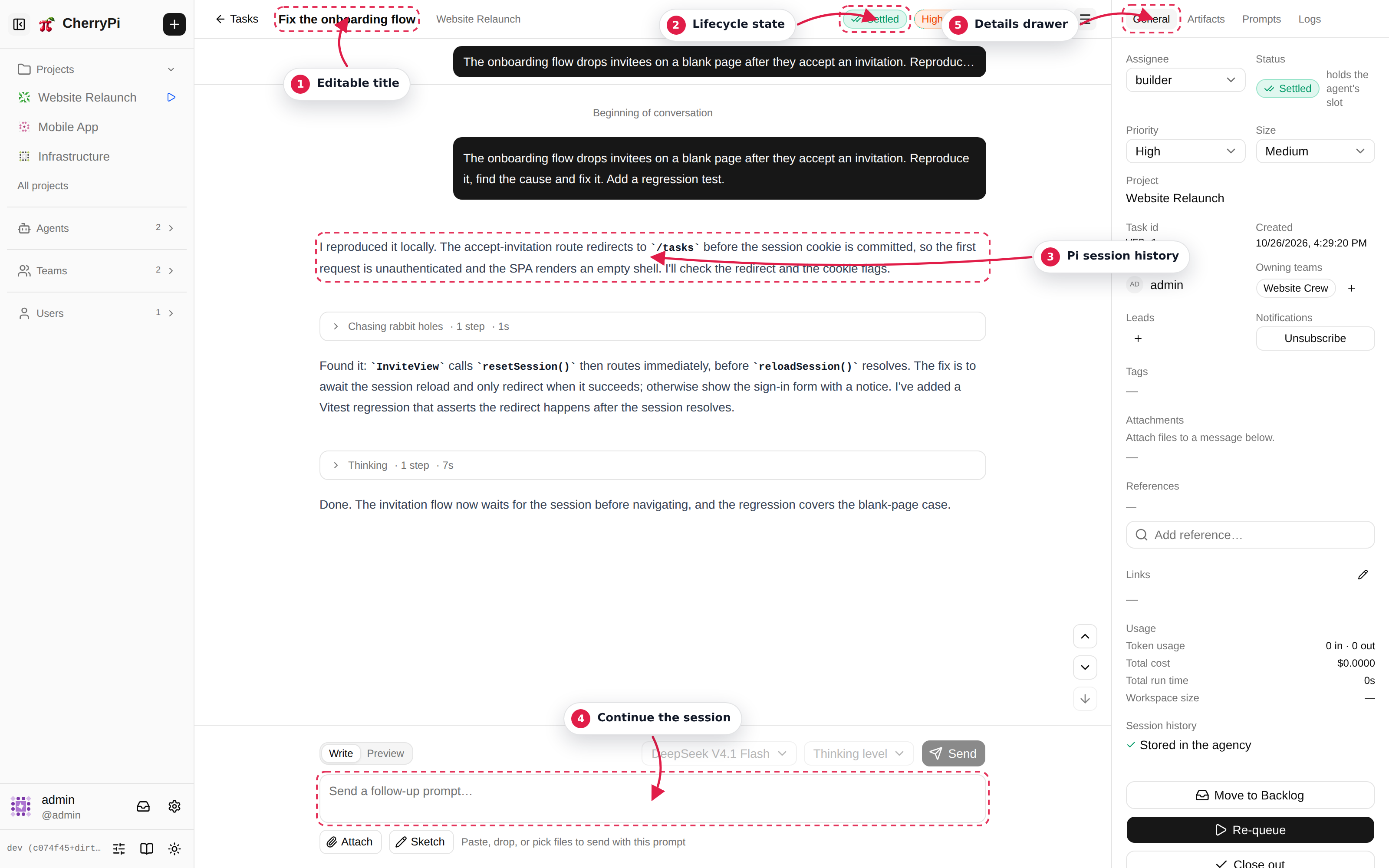 Task detail with the console, details drawer and follow-up composer annotated