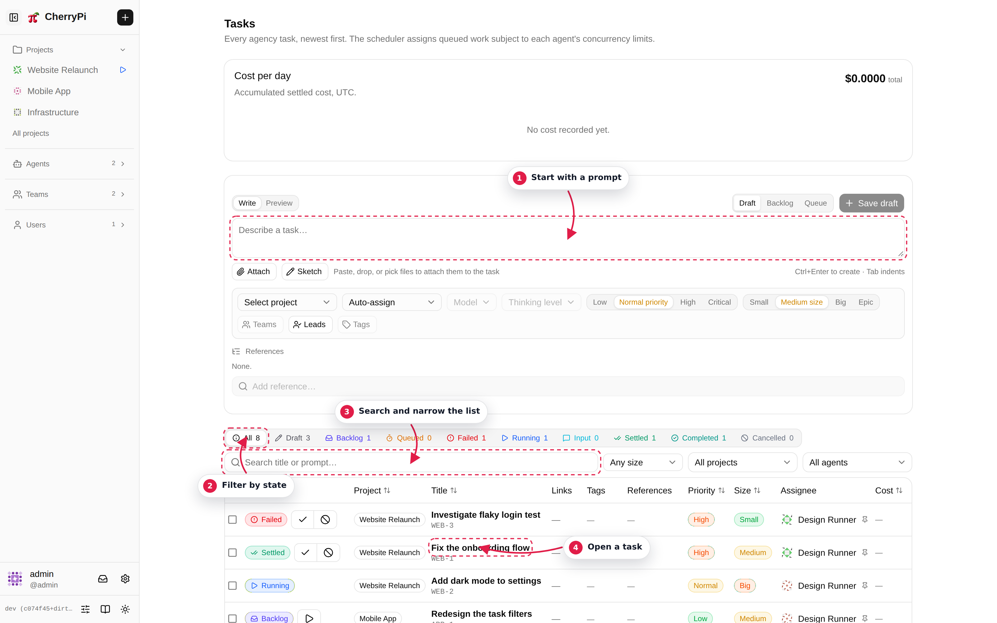 Task list with the filters, status chips and the new-task button annotated